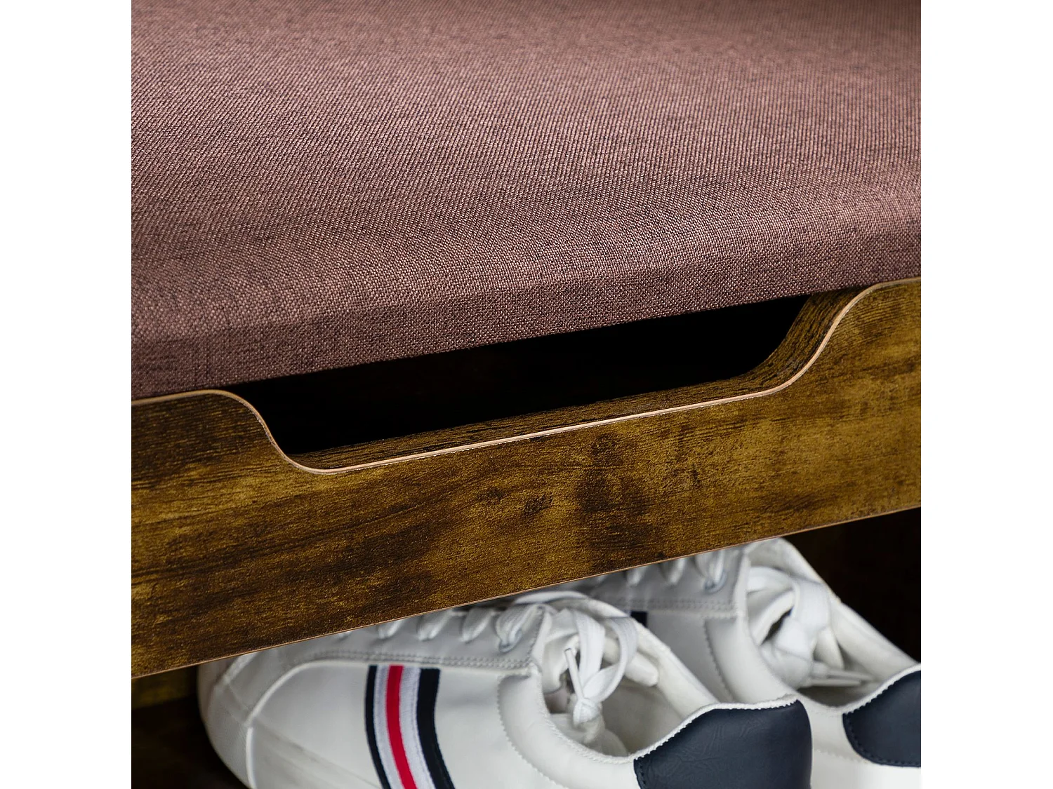 Banc de rangement à chaussures ISAAC avec Coffre et étagère, Assise rembourrée, Capacité 8-10 paires, Coloris old style et brun