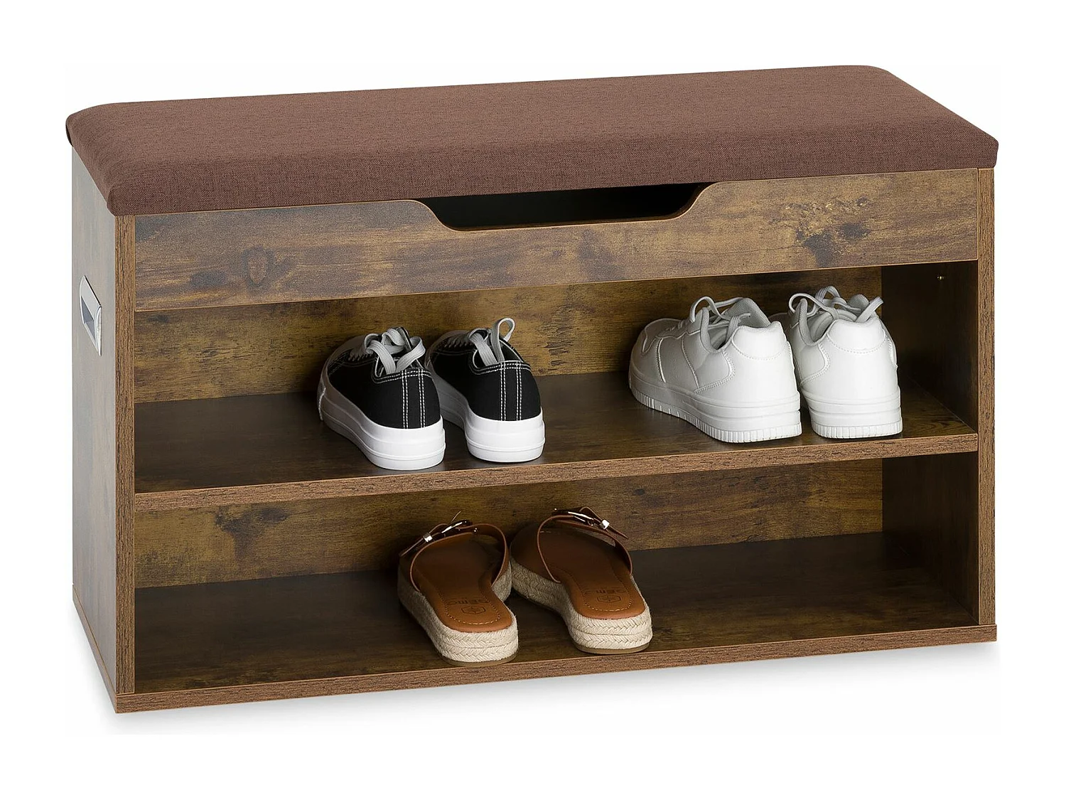 Banc de rangement à chaussures ISAAC avec Coffre et étagère, Assise rembourrée, Capacité 8-10 paires, Coloris old style et brun