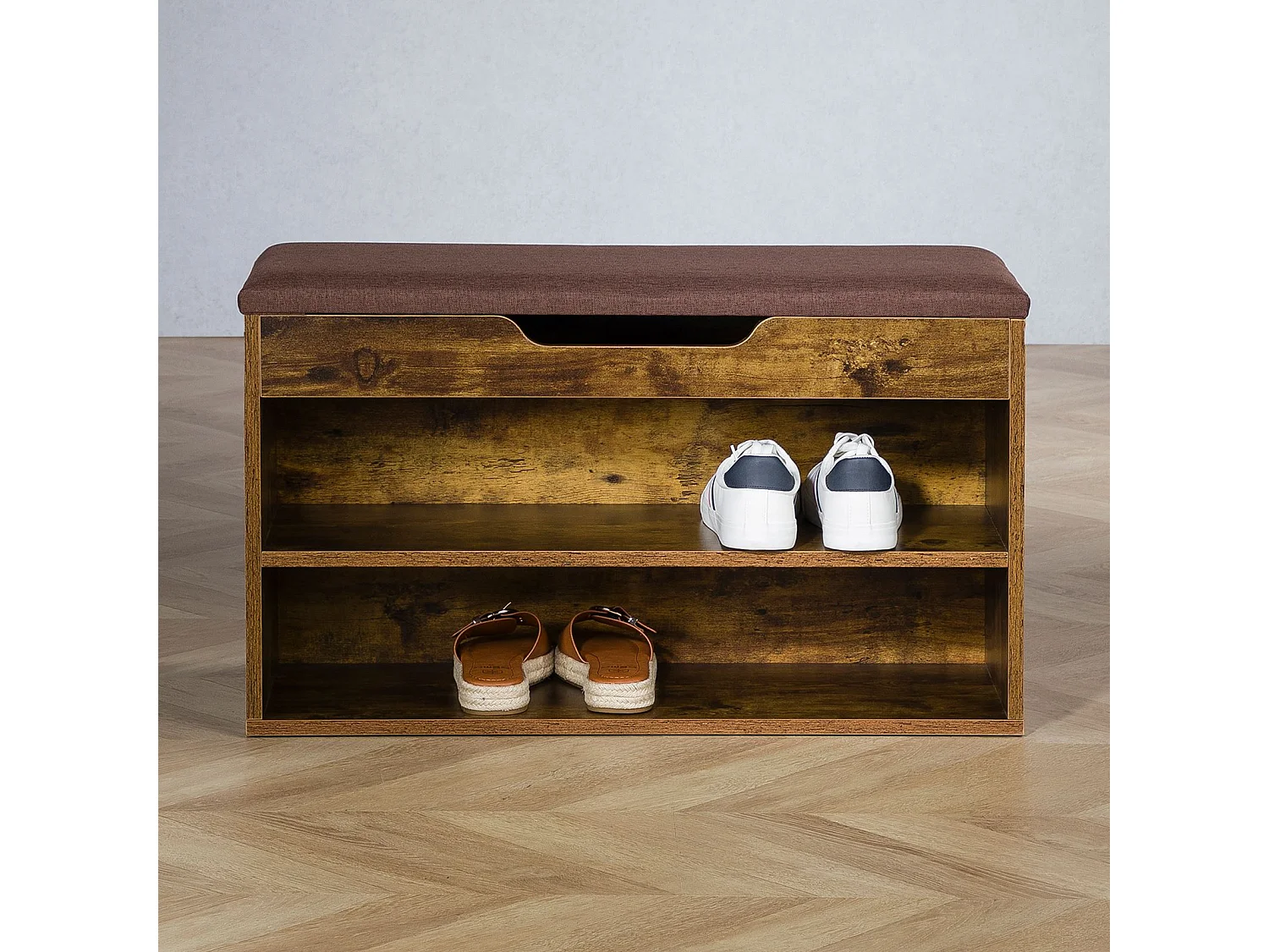 Banc de rangement à chaussures ISAAC avec Coffre et étagère, Assise rembourrée, Capacité 8-10 paires, Coloris old style et brun