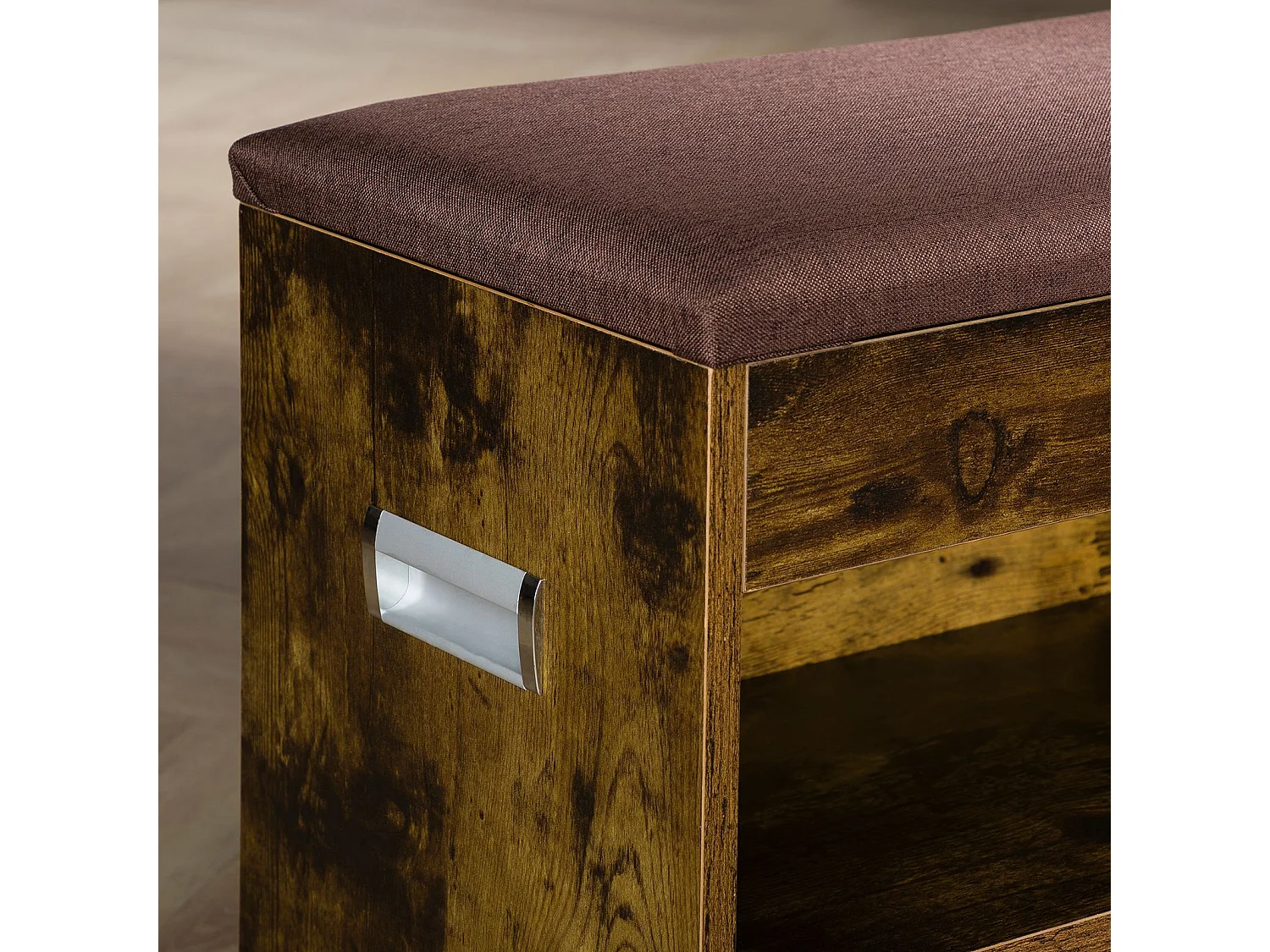 Banc de rangement à chaussures ISAAC avec Coffre et étagère, Assise rembourrée, Capacité 8-10 paires, Coloris old style et brun