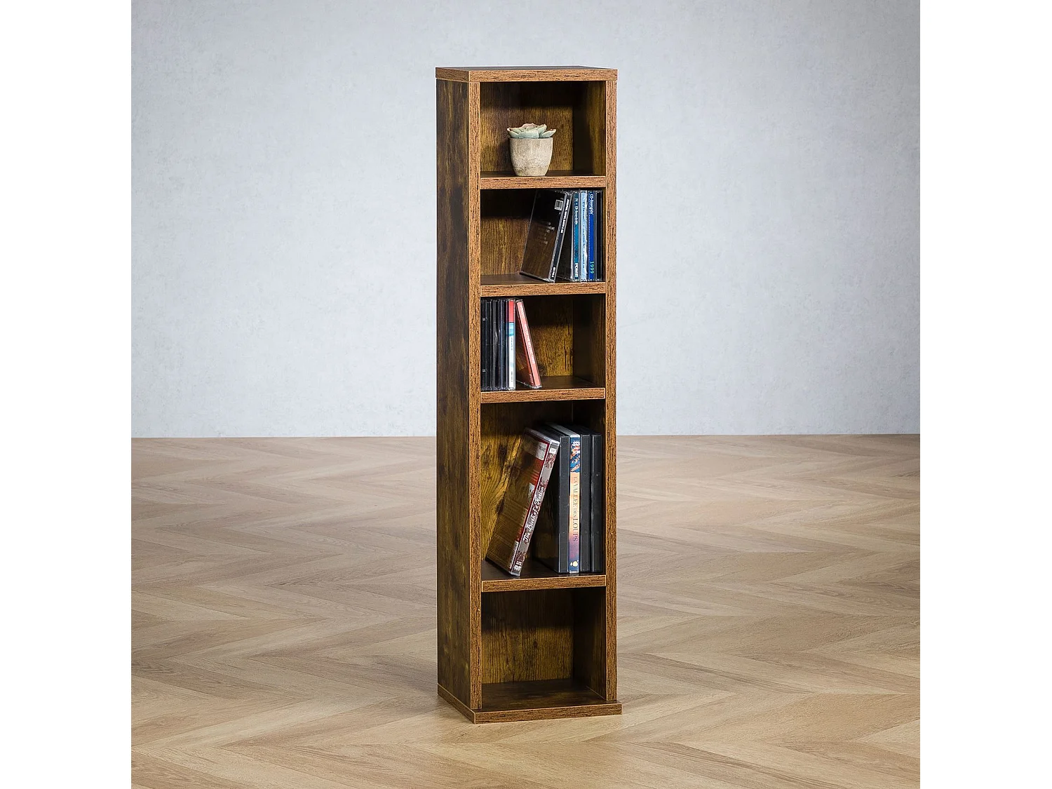Étagère pour CD et DVD MELODIE en bois avec 5 étagères, 21 x 88 x 20 cm, Idéal pour rangements CD et DVD, Semi-modulable, Old style