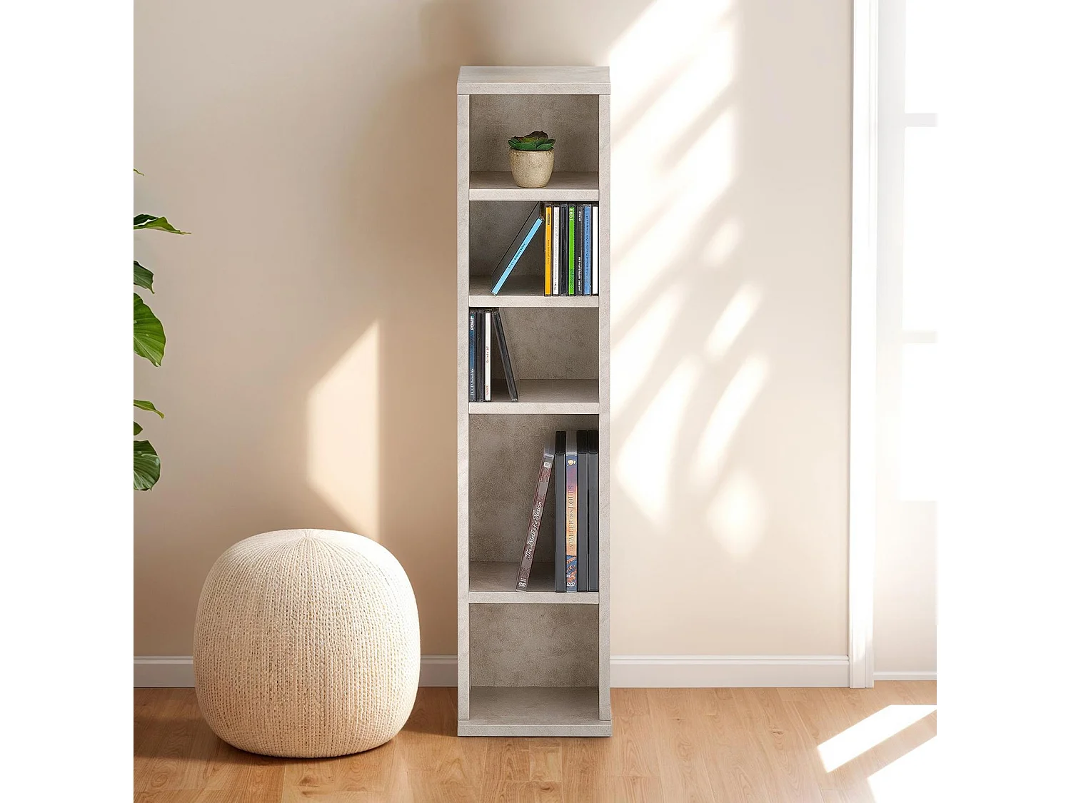 Étagère pour CD et DVD MELODIE en bois avec 5 étagères, 21 x 88 x 20 cm, Semi-modulable, Coloris béton