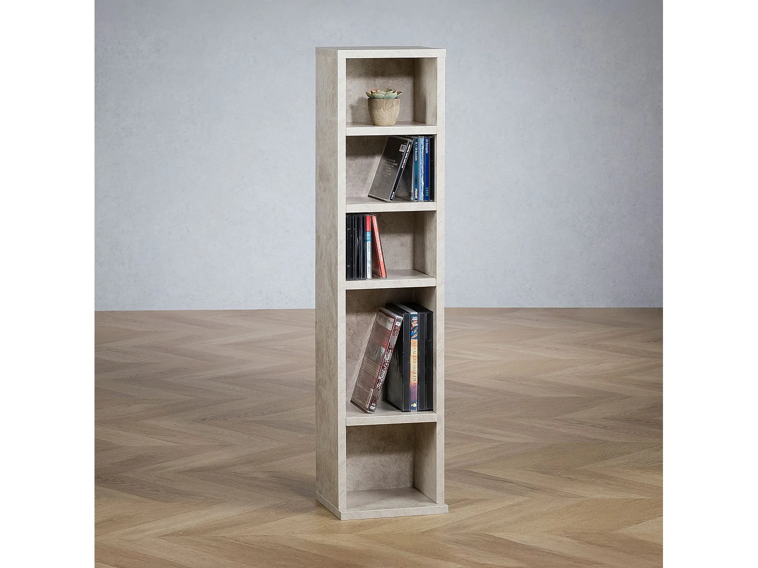 Étagère pour CD et DVD MELODIE en bois avec 5 étagères, 21 x 88 x 20 cm, Semi-modulable, Coloris béton