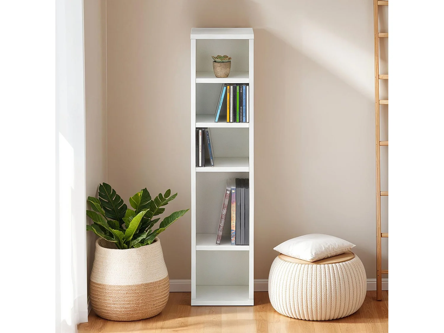 Étagère pour CD et DVD MELODIE en bois avec 5 étagères, 21 x 88 x 20 cm, Idéal pour rangements CD et DVD, Semi-modulable, Blanc