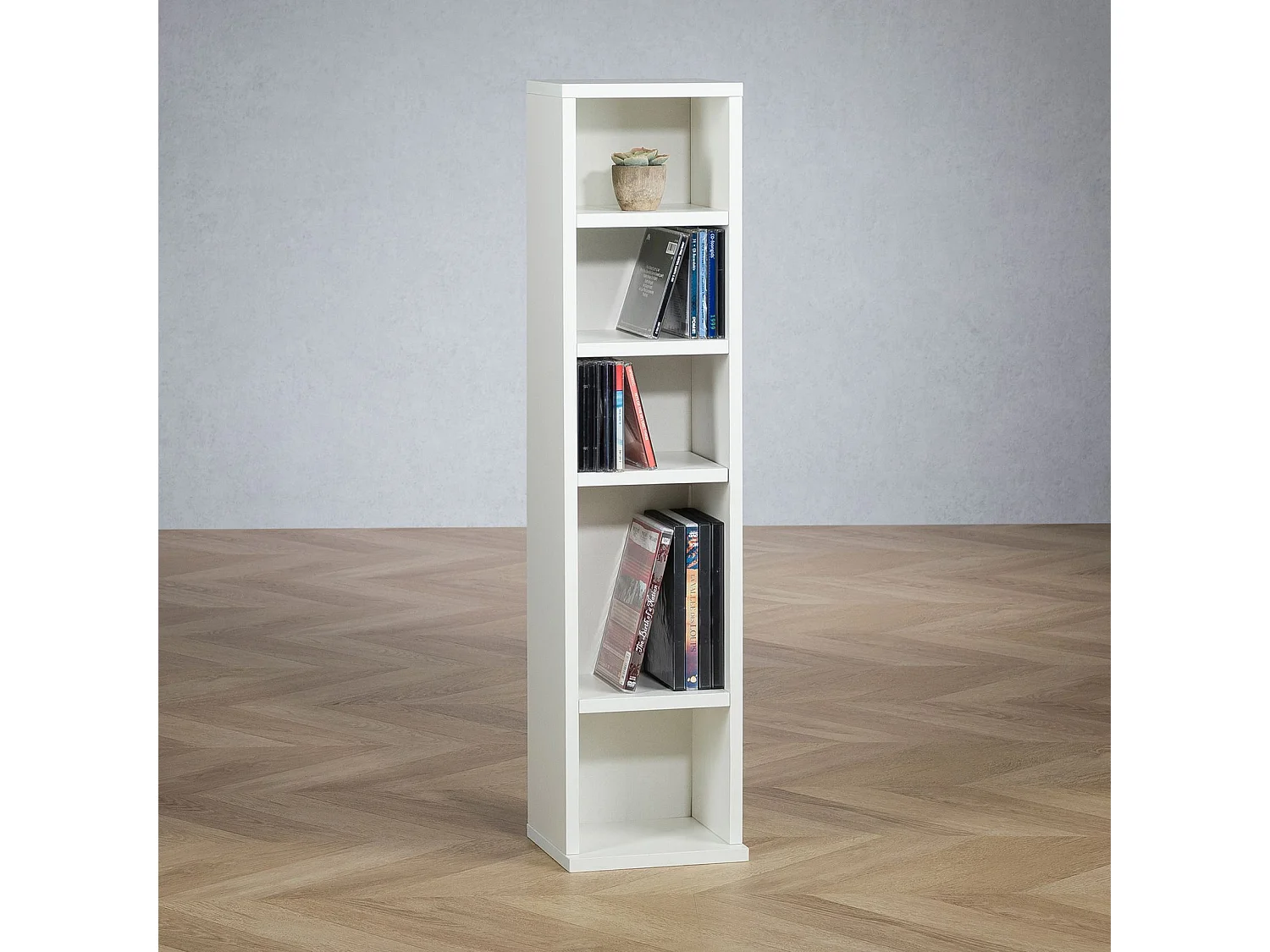 Étagère pour CD et DVD MELODIE en bois avec 5 étagères, 21 x 88 x 20 cm, Idéal pour rangements CD et DVD, Semi-modulable, Blanc