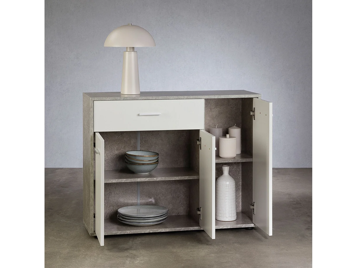 Buffet salle à manger CORALINE L 88 cm en bois massif coloris blanc et béton avec 1 tiroir et 3 portes