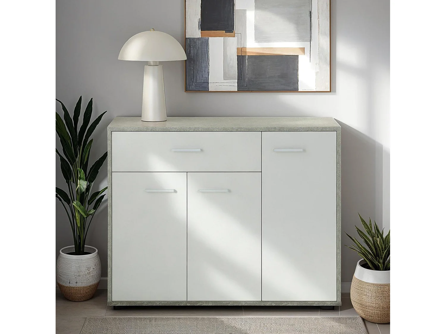 Buffet salle à manger CORALINE L 88 cm en bois massif coloris blanc et béton avec 1 tiroir et 3 portes