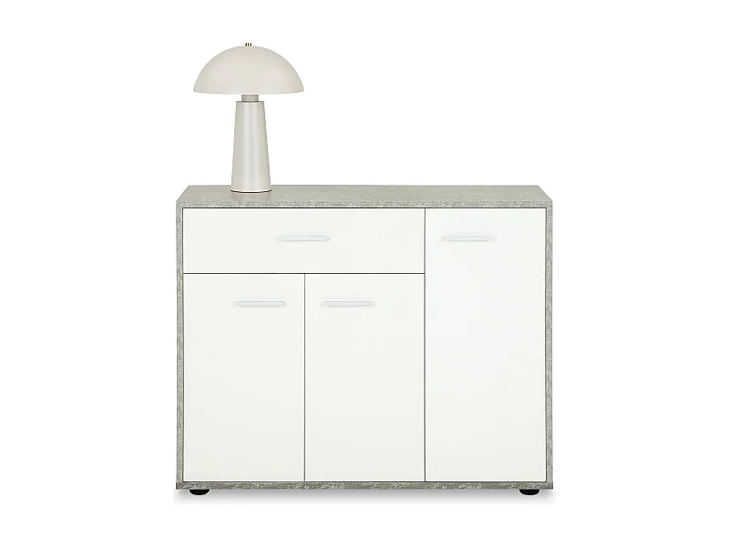 Buffet salle à manger CORALINE L 88 cm en bois massif coloris blanc et béton avec 1 tiroir et 3 portes