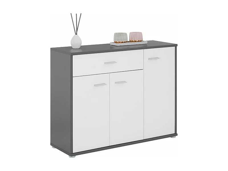 Buffet salle à manger CORALINE L 88 cm gris et blanc avec 1 tiroir et 3 portes, bahut bas, meuble de rangement