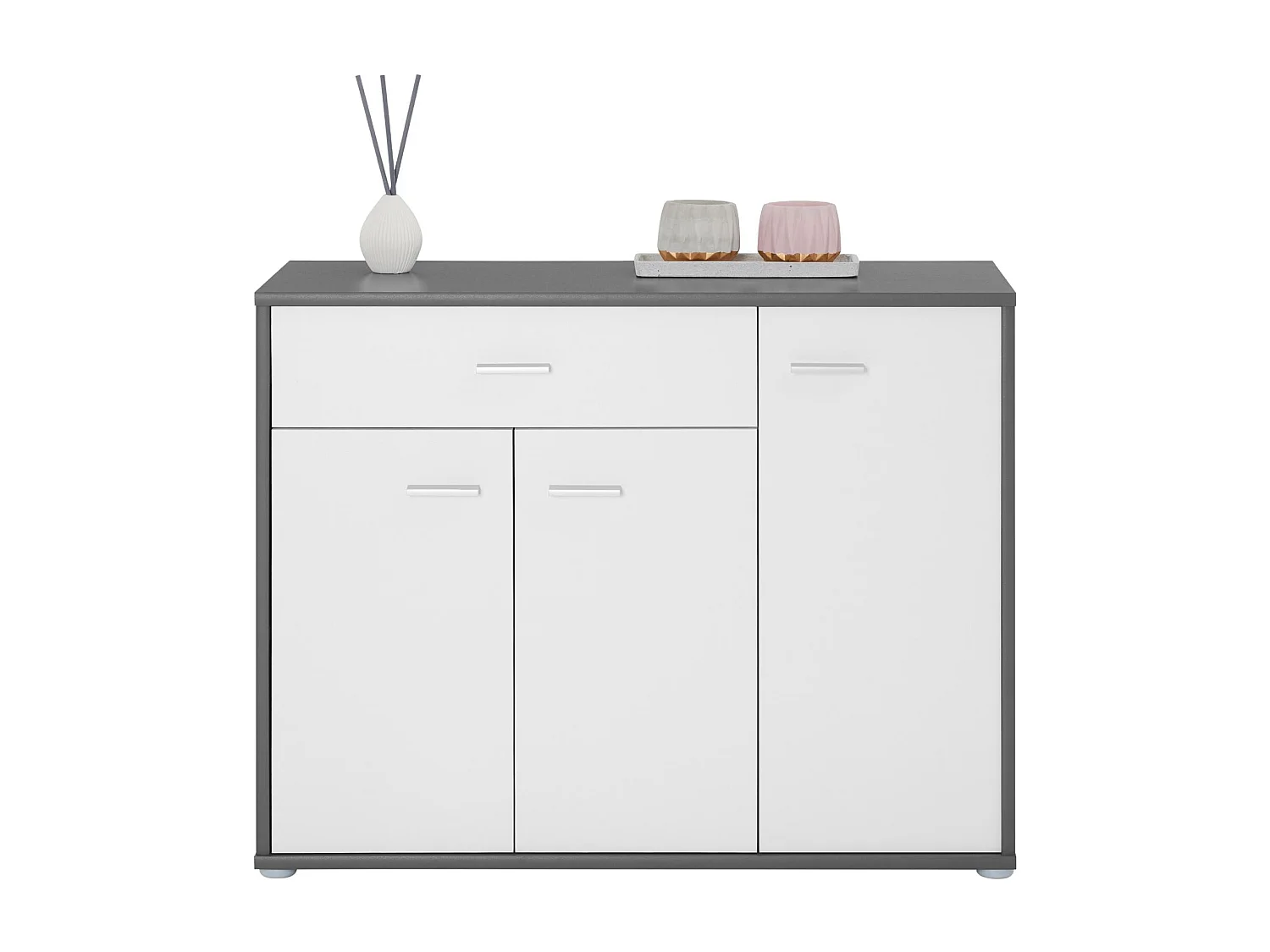 Buffet salle à manger CORALINE L 88 cm gris et blanc avec 1 tiroir et 3 portes, bahut bas, meuble de rangement