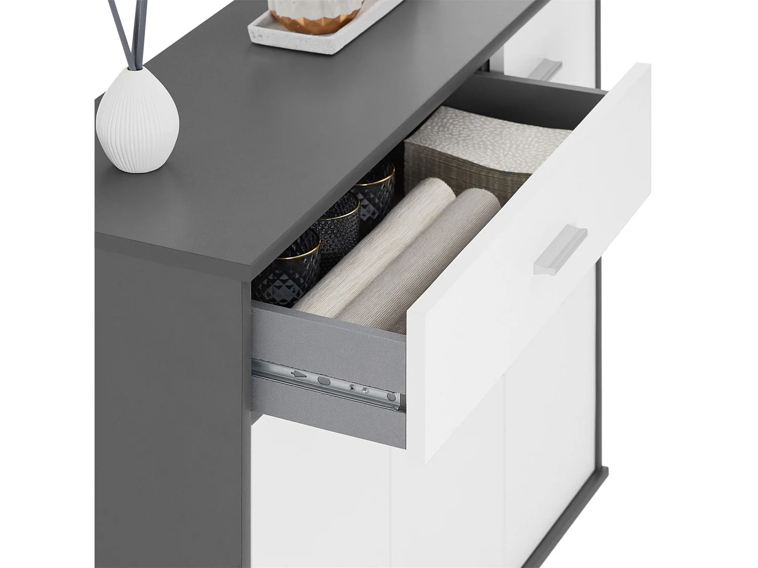 Buffet salle à manger CORALINE L 88 cm gris et blanc avec 1 tiroir et 3 portes, bahut bas, meuble de rangement