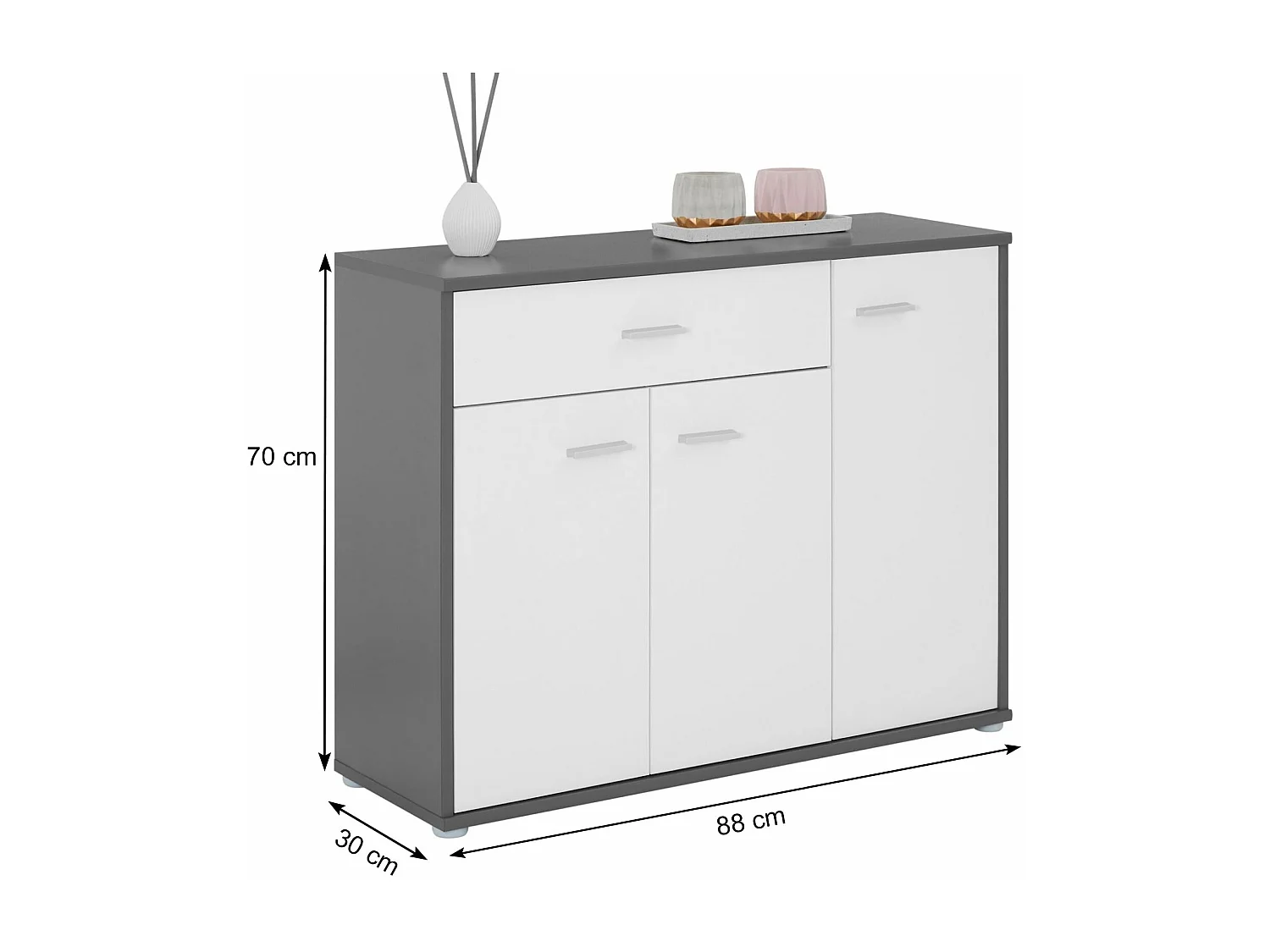 Buffet salle à manger CORALINE L 88 cm gris et blanc avec 1 tiroir et 3 portes, bahut bas, meuble de rangement