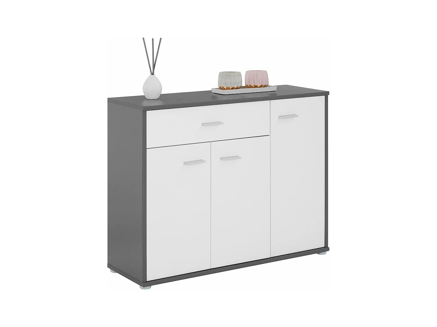Buffet salle à manger CORALINE L 88 cm gris et blanc avec 1 tiroir et 3 portes, bahut bas, meuble de rangement