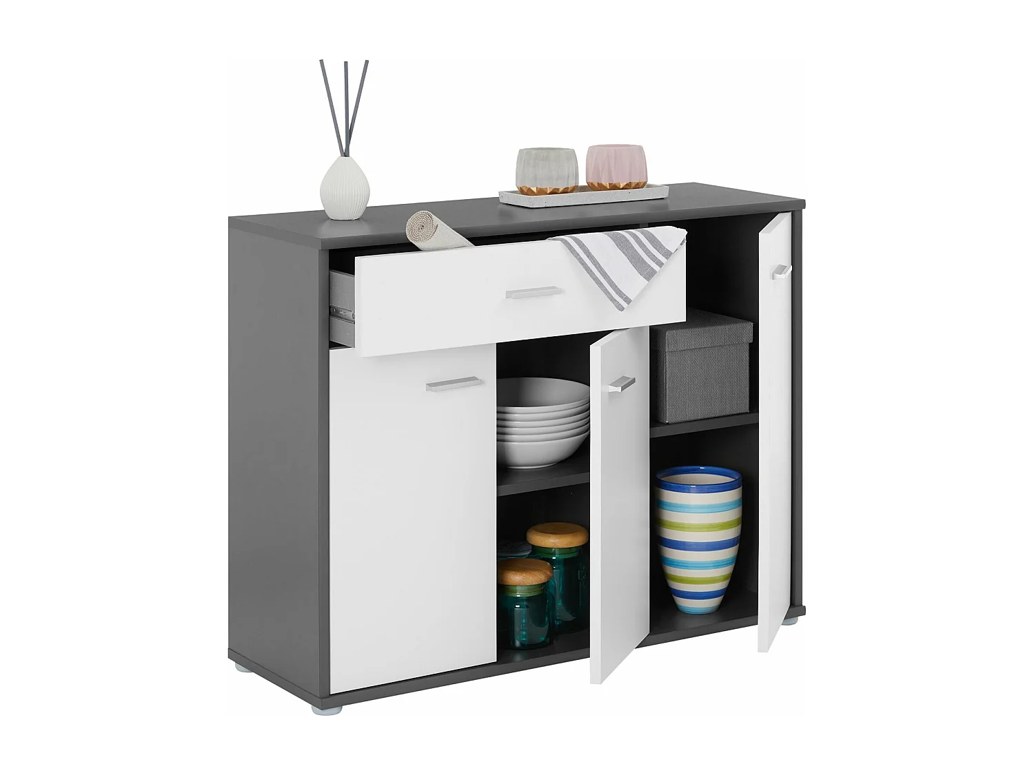 Buffet salle à manger CORALINE L 88 cm gris et blanc avec 1 tiroir et 3 portes, bahut bas, meuble de rangement