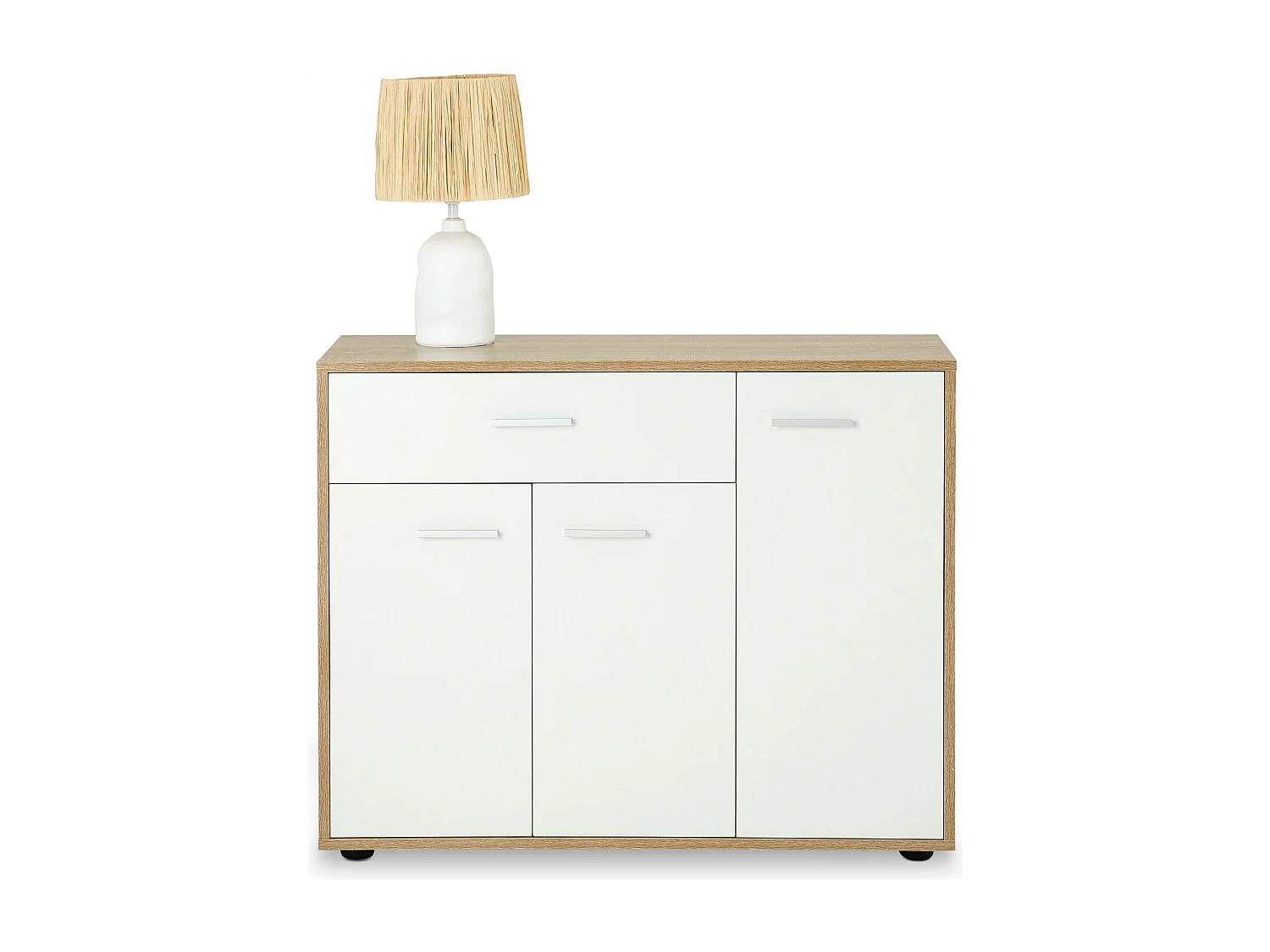 Buffet salle à manger CORALINE L 88 cm en bois massif blanc et chêne sonoma avec 1 tiroir et 3 portes