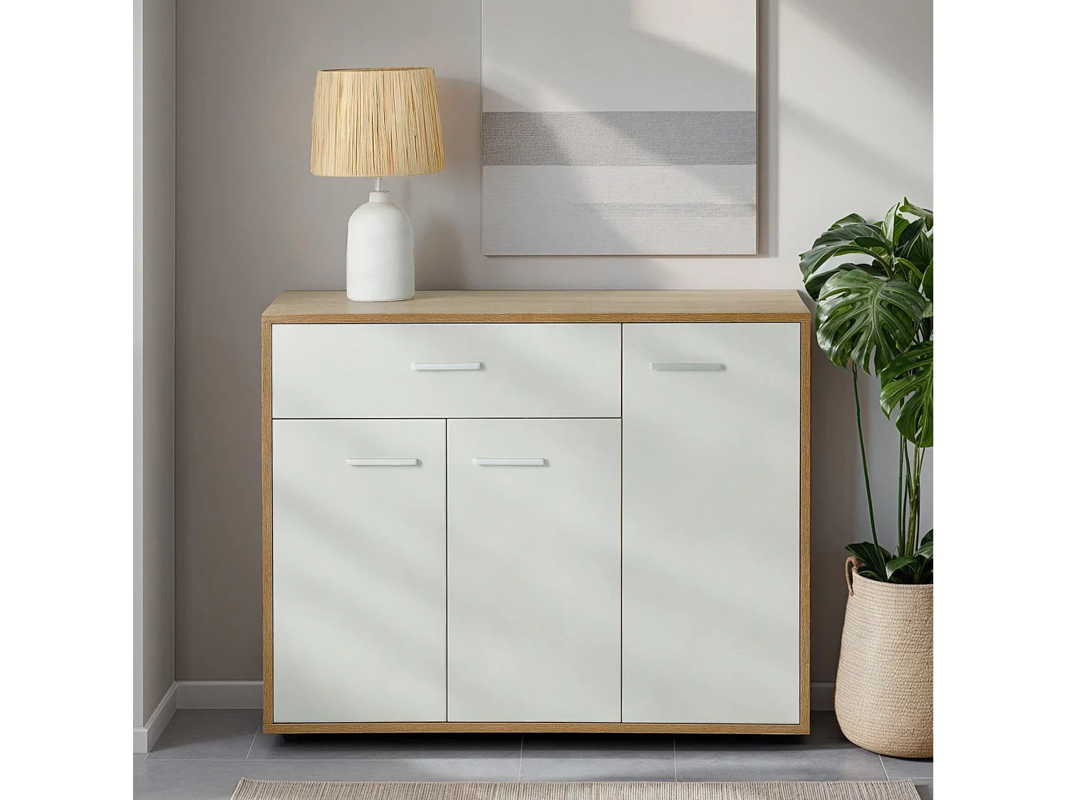 Buffet salle à manger CORALINE L 88 cm en bois massif blanc et chêne sonoma avec 1 tiroir et 3 portes