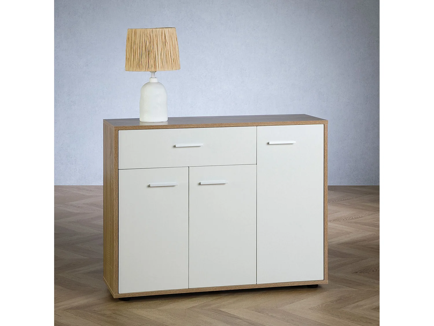 Buffet salle à manger CORALINE L 88 cm en bois massif blanc et chêne sonoma avec 1 tiroir et 3 portes