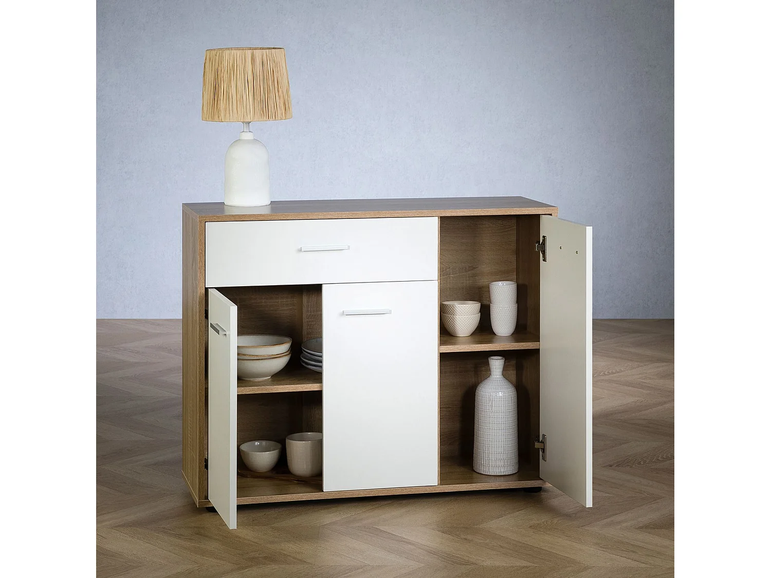 Buffet salle à manger CORALINE L 88 cm en bois massif blanc et chêne sonoma avec 1 tiroir et 3 portes
