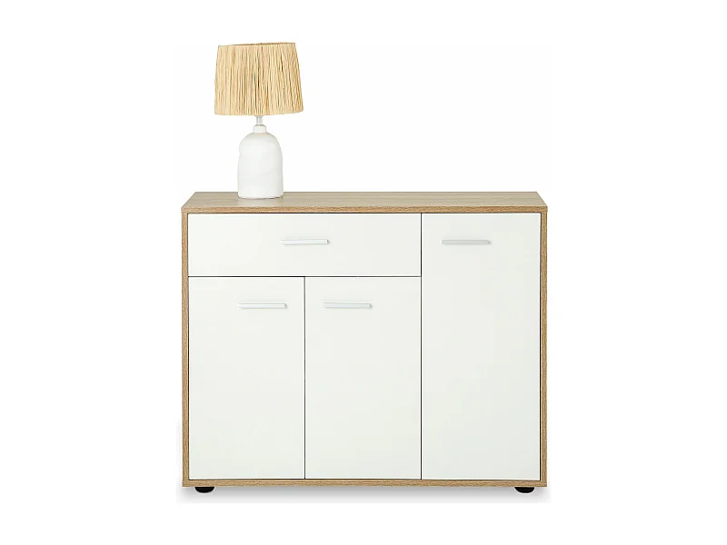 Buffet salle à manger CORALINE L 88 cm en bois massif blanc et chêne sonoma avec 1 tiroir et 3 portes