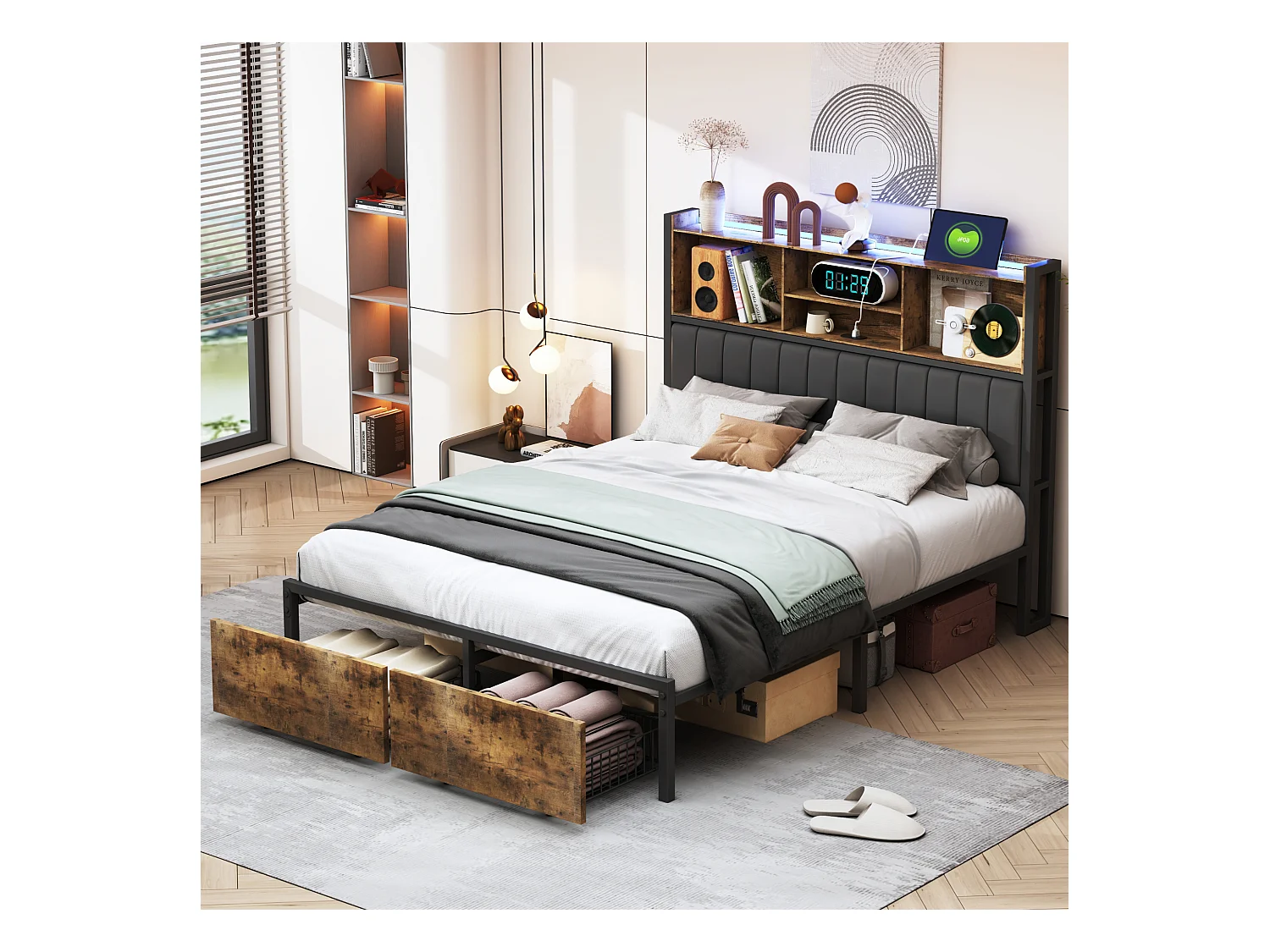 Lit  Rembourré, Lit 160x200cm, avec Sommier LED et USB, Lit Double avec 2 Tiroirs, Tete de Lit avec Rangement,PU, Gris (sans Matelas)