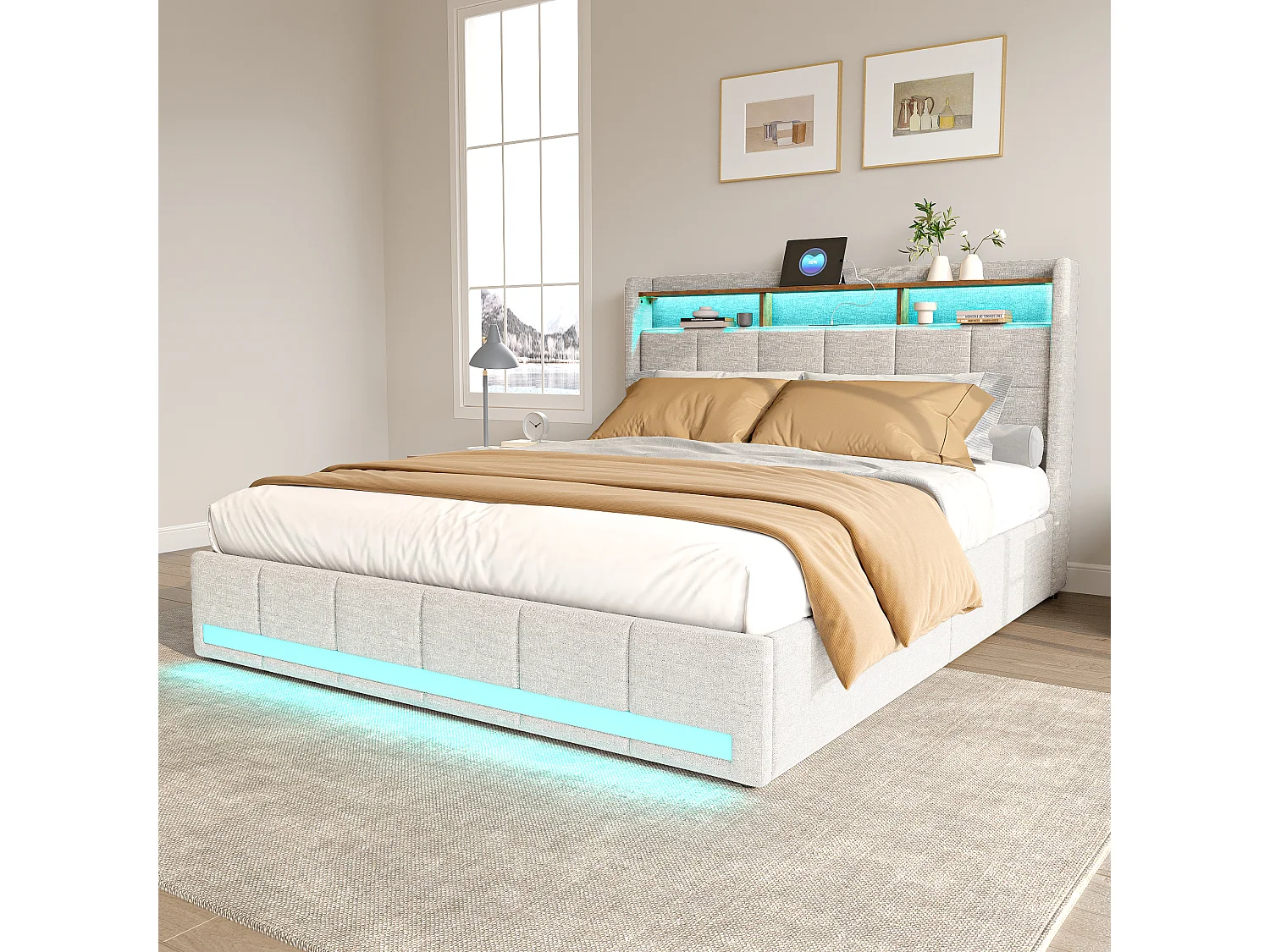 Lit Rembourré, Lit Double Rembourré, Lit 140x200cm, Cadre de Lit, Lit Coffre, Lit Double, avec Sommier LED et USB, 4 Tiroirs, avec , Rangement, lin, Beige