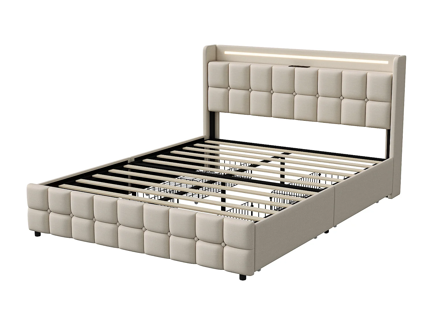 Lit Double Rembourré Lit 140x200cm, Cadre de Lit, Lit Coffre ,Lit Double, avec Sommier USB et 4 Tiroirs, avec LED, Rangement,lin,Beige (sans Matelas)