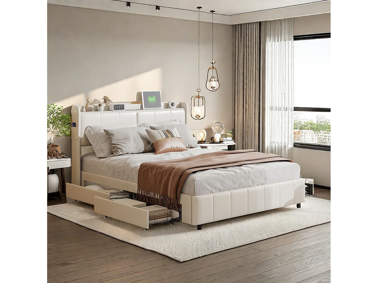 Lit Double Rembourré Lit 160x200cm, Cadre de Lit, Rangement,cuir pu,Blanc  (sans Matelas)
