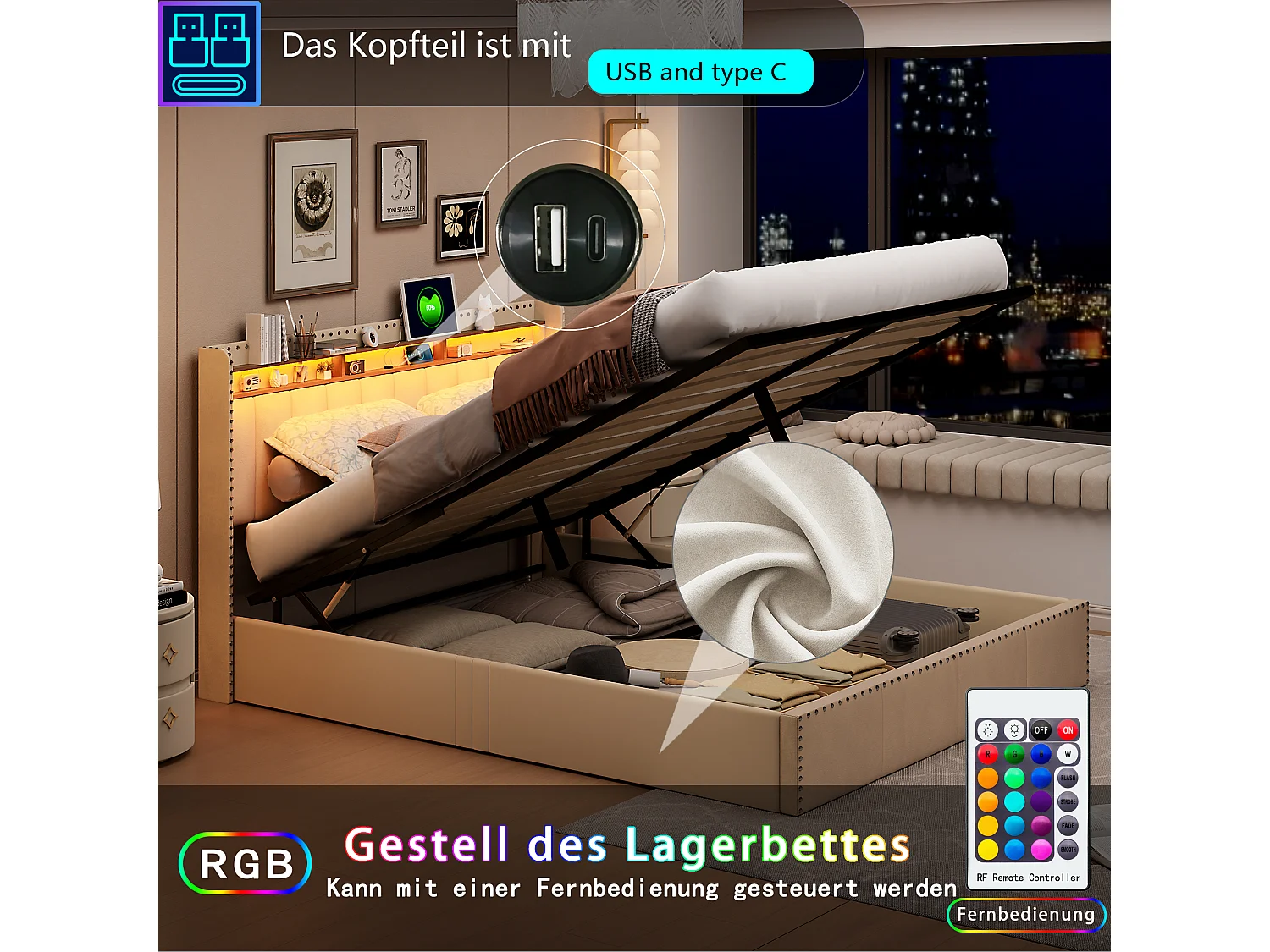 Lit Double, Rembourré Lit, 140x200cm, Cadre de Lit, Lit Coffre ,Lit Double avec Rangement sous Lit, Rangement, Velours, Beige (sans Matelas)