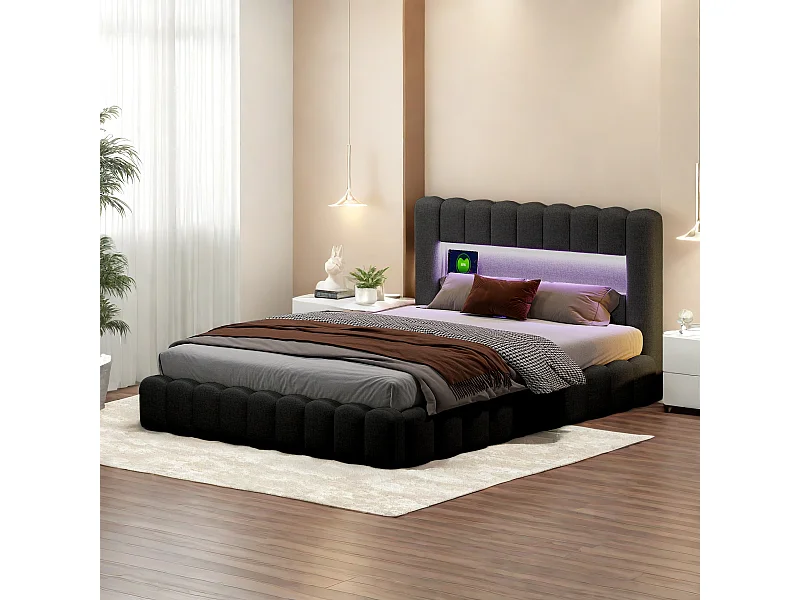 Lit Double Rembourré, Cadre de Lit, Lit Coffre 140x200cm, avec LED, Cadre de Lit Moderne pour Adultes 2 Personnes, Gris (sans Matelas)