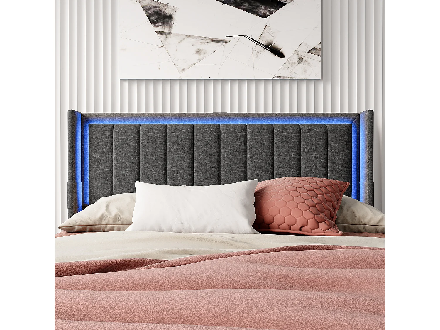 Lit Double Rembourré Lit 140x200cm, Cadre de Lit, Lit Coffre ,Lit Double, avec Sommier LED et USB ,1Tiroirs, Rangement,lin,Gris(sans Matelas)