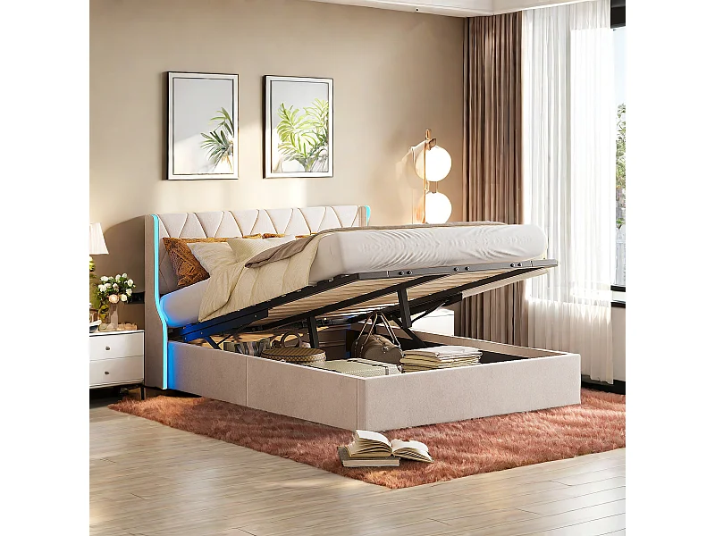 Lit Double, Rembourré Lit 140x200cm, Cadre de Lit, Lit Coffre ,Lit Double avec Rangement sous Lit, Rangement, Velours, Beige (sans Matelas)