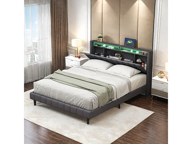 Lit  Rembourré, Lit 140x200cm, Cadre de Lit, Lit Coffre ,Lit Double avec Sommier  LED et USB, Tete de Lit avec Rangement, Lin, Gris  (sans Matelas)