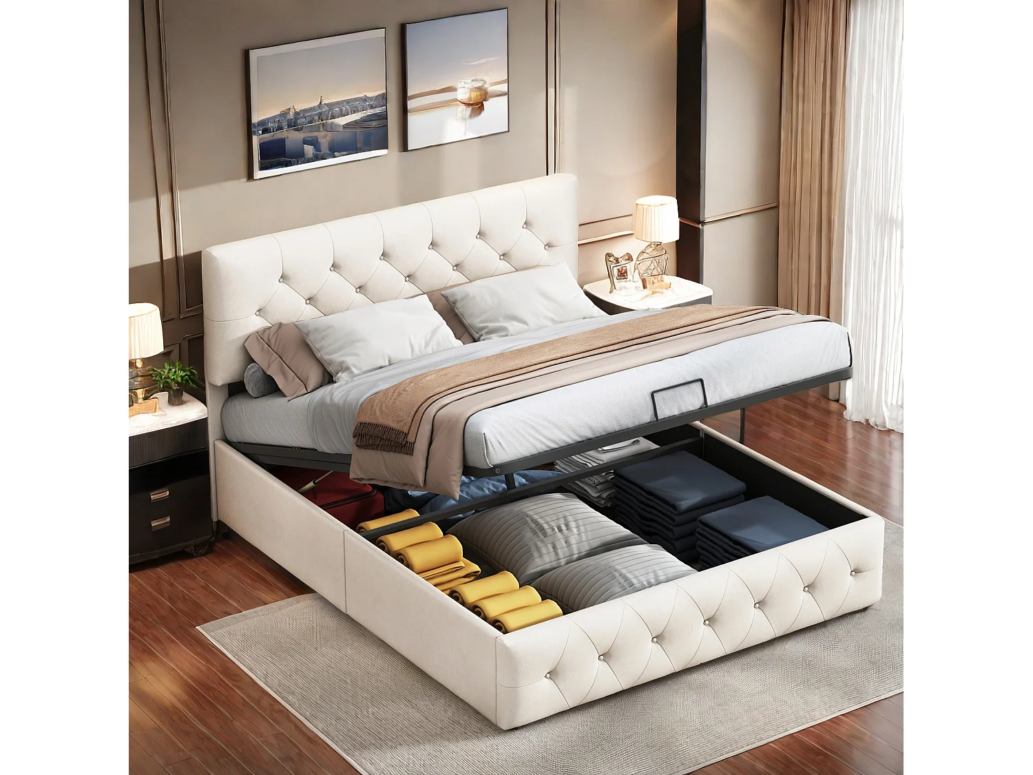 Lit Double Rembourré Lit 140x200cm, Cadre de Lit, Lit Coffre ,Lit Double avec Rangement sous Lit, Velours, Beige (sans Matelas)