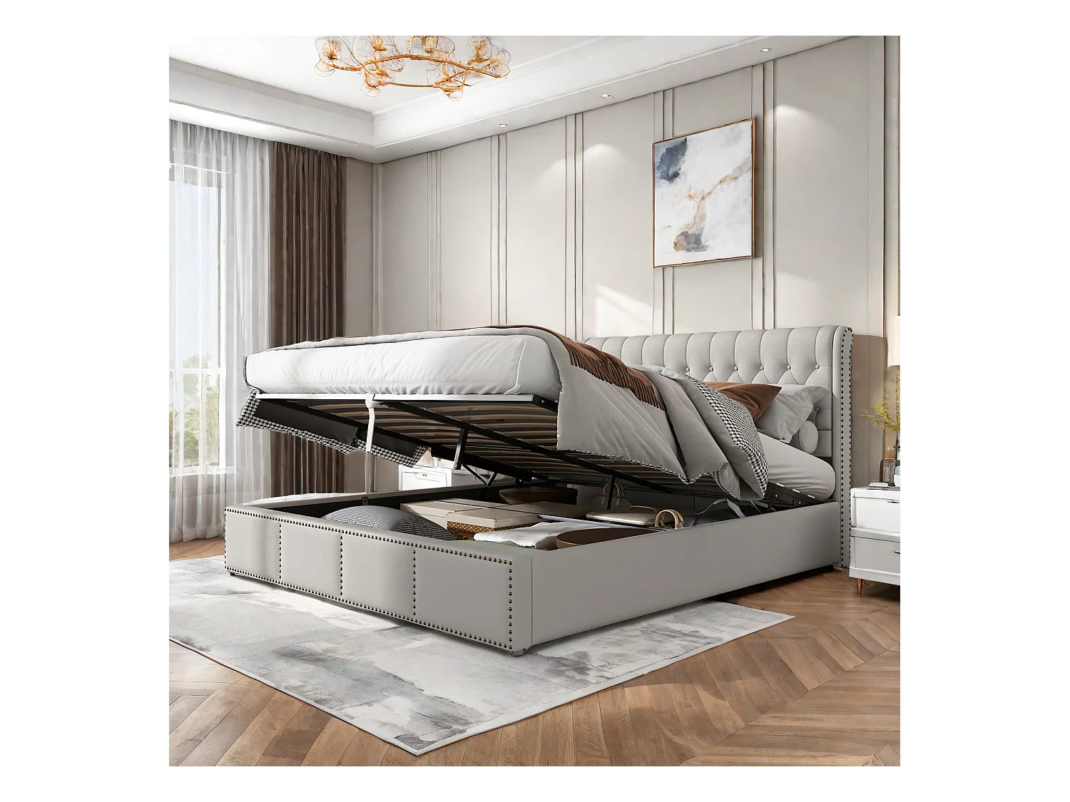 Lit Double, Rembourré Lit 180x200cm, Cadre de Lit, Lit Coffre ,Lit Double avec Rangement sous Lit, Rangement, lin, Gris (sans Matelas)