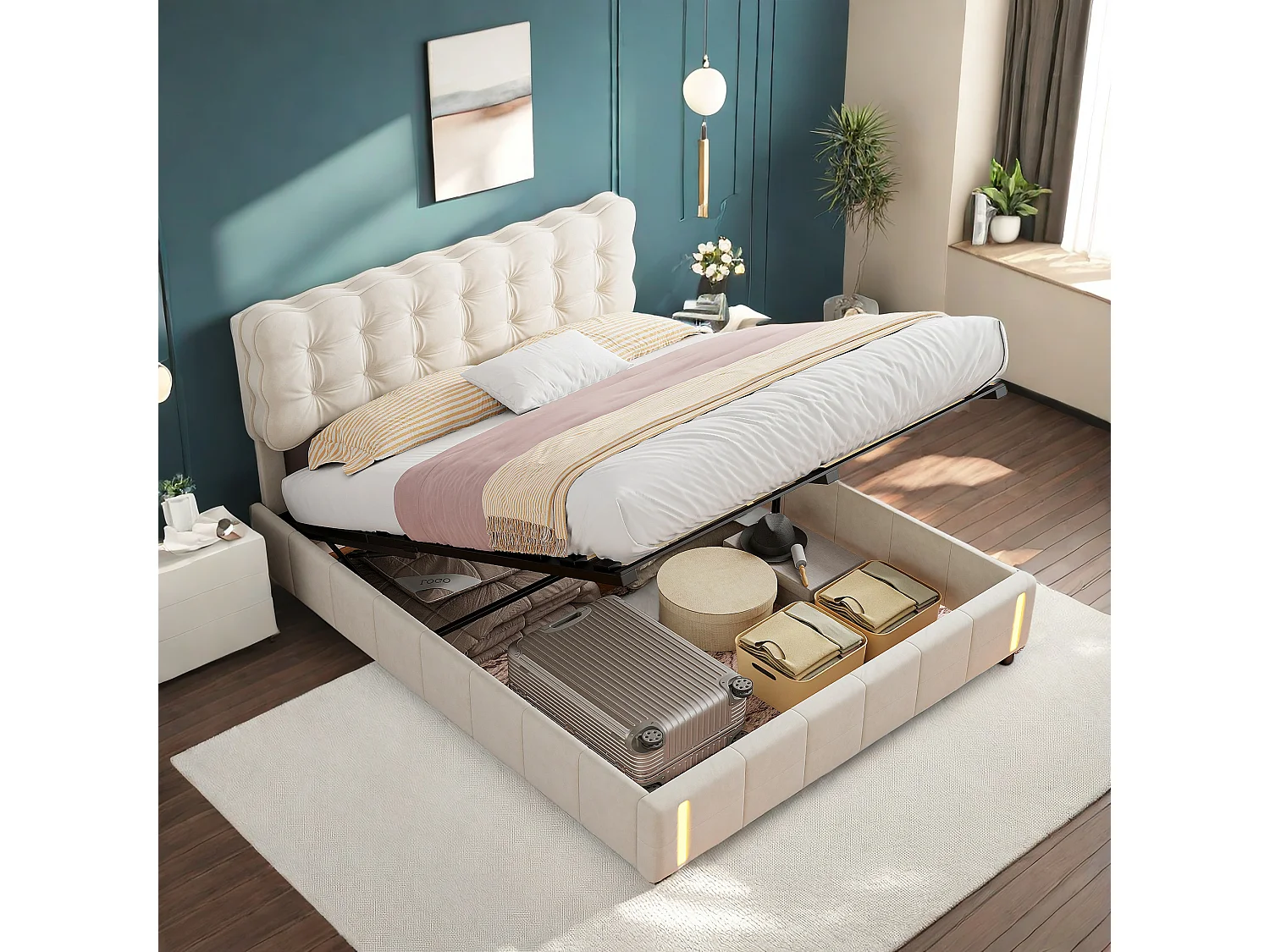 Rembourré Lit, Lit Double, 160x200cm, Cadre de Lit, Lit Coffre ,Lit Double avec Rangement sous Lit, Rangement, Velours, Beige (sans Matelas)