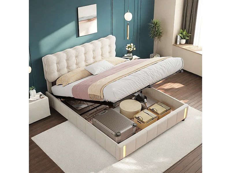 Rembourré Lit, Lit Double, 160x200cm, Cadre de Lit, Lit Coffre ,Lit Double avec Rangement sous Lit, Rangement, Velours, Beige (sans Matelas)