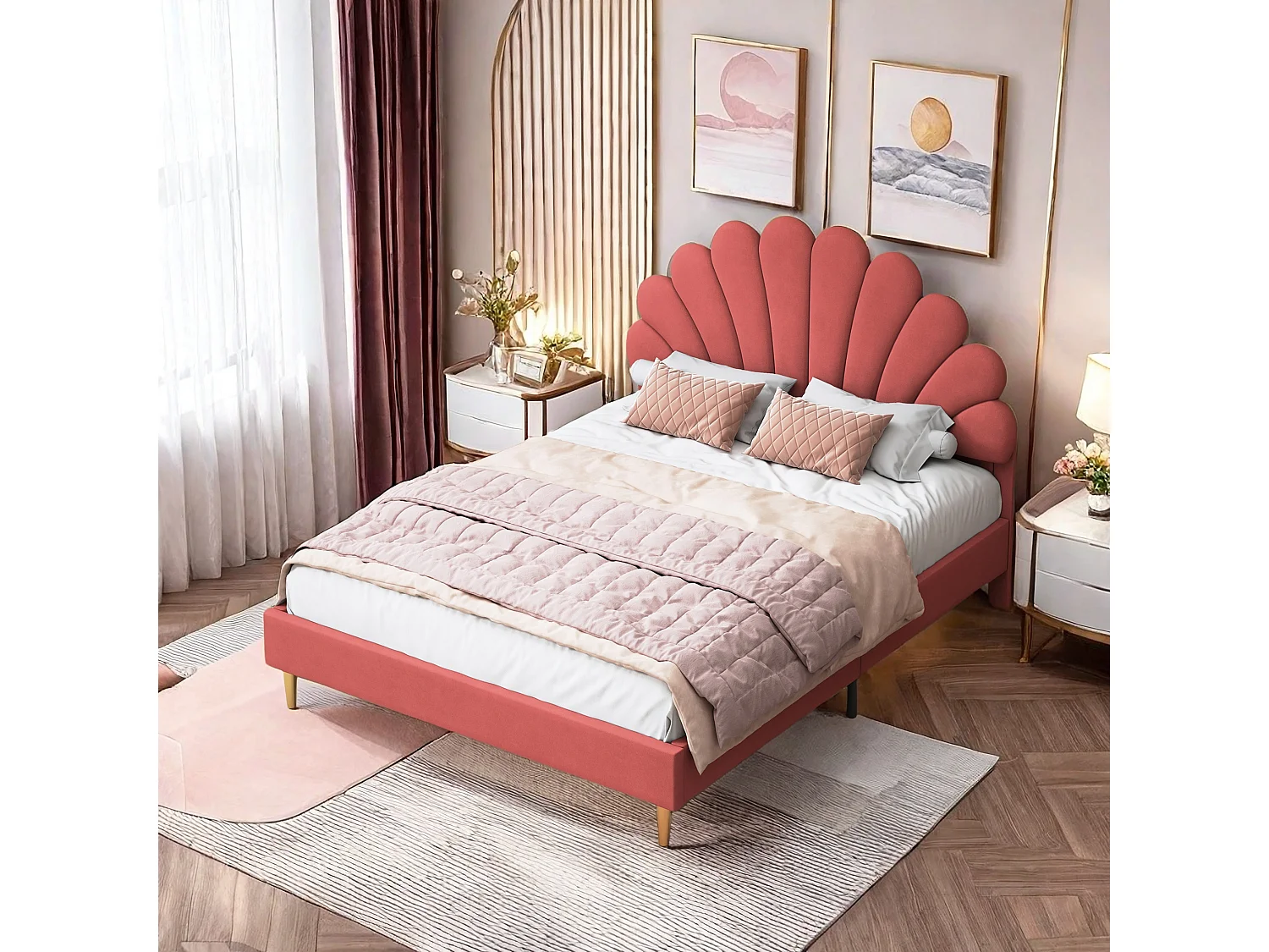 Lit  Rembourré, Lit 140x200cm, Cadre de Lit ,tête de lit en forme de pétale, Velours , rouge(sans Matelas)