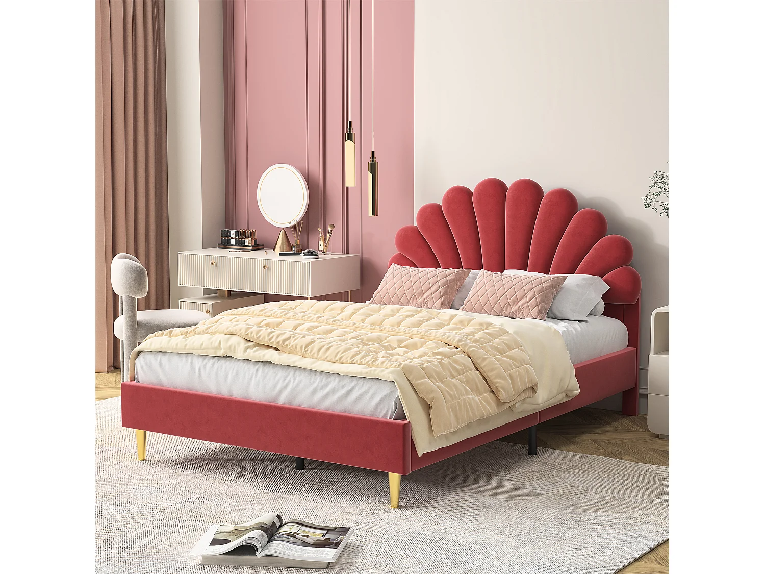 Lit  Rembourré, Lit 140x200cm, Cadre de Lit ,tête de lit en forme de pétale, Velours , rouge(sans Matelas)