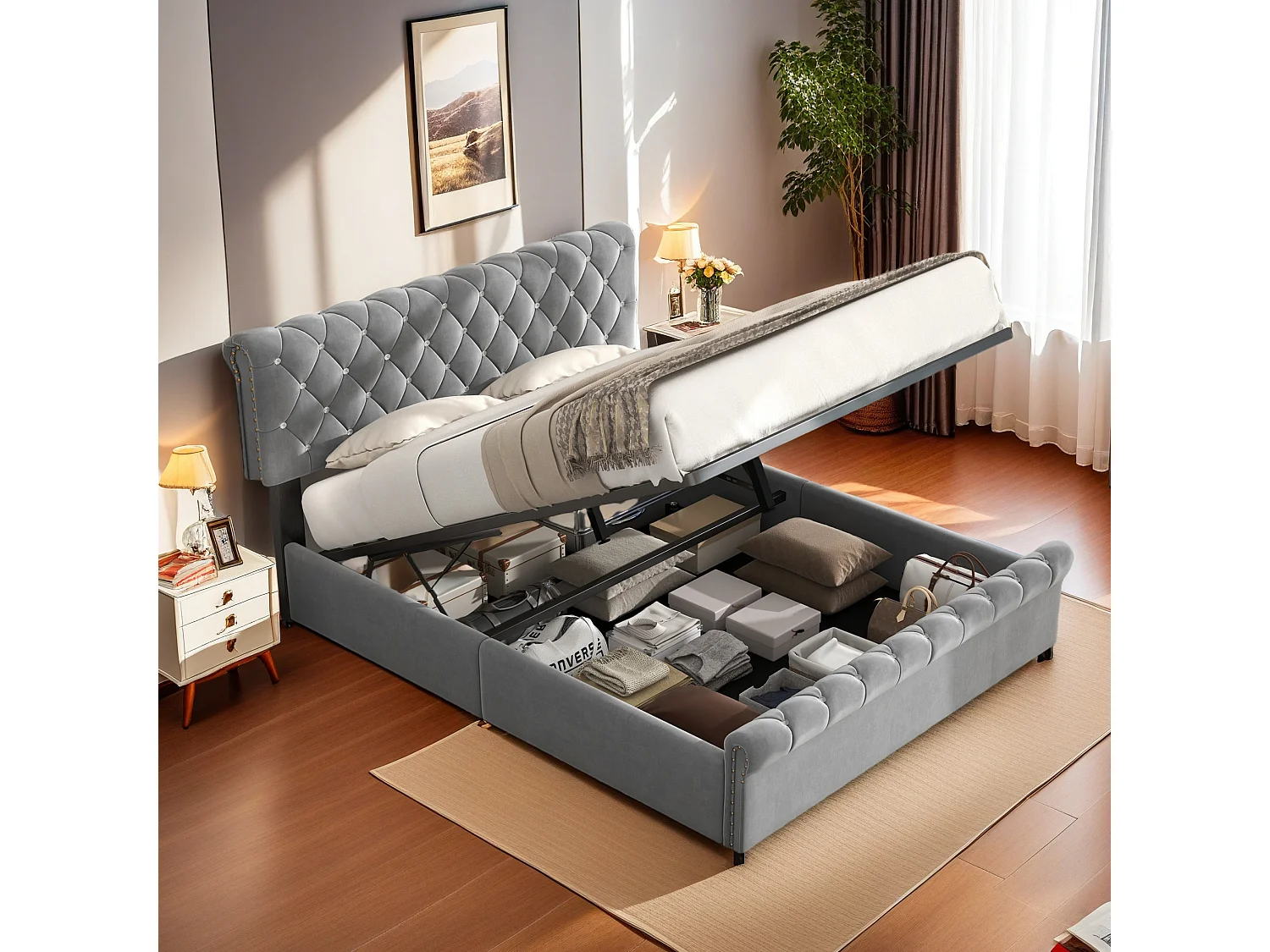 Lit Double, Rembourré Lit, 140x200cm, Cadre de Lit, Lit Coffre ,Lit Double avec Rangement sous Lit, Rangement, Velours, Gris (sans Matelas)