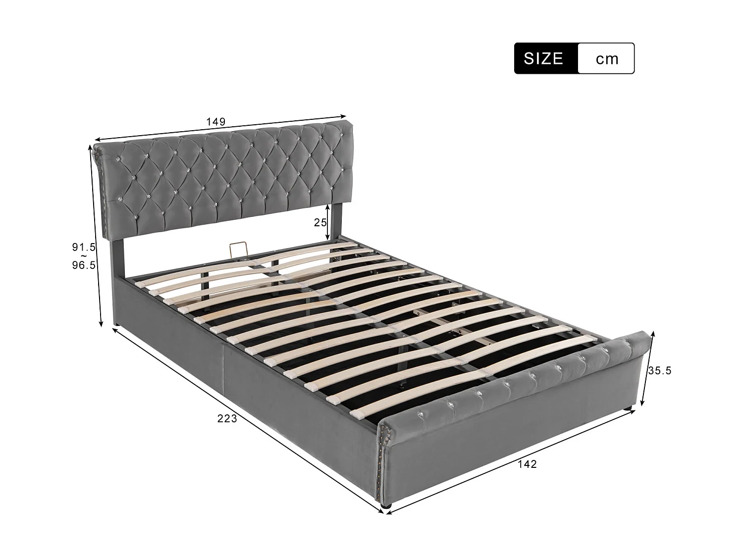 Lit Double, Rembourré Lit, 140x200cm, Cadre de Lit, Lit Coffre ,Lit Double avec Rangement sous Lit, Rangement, Velours, Gris (sans Matelas)