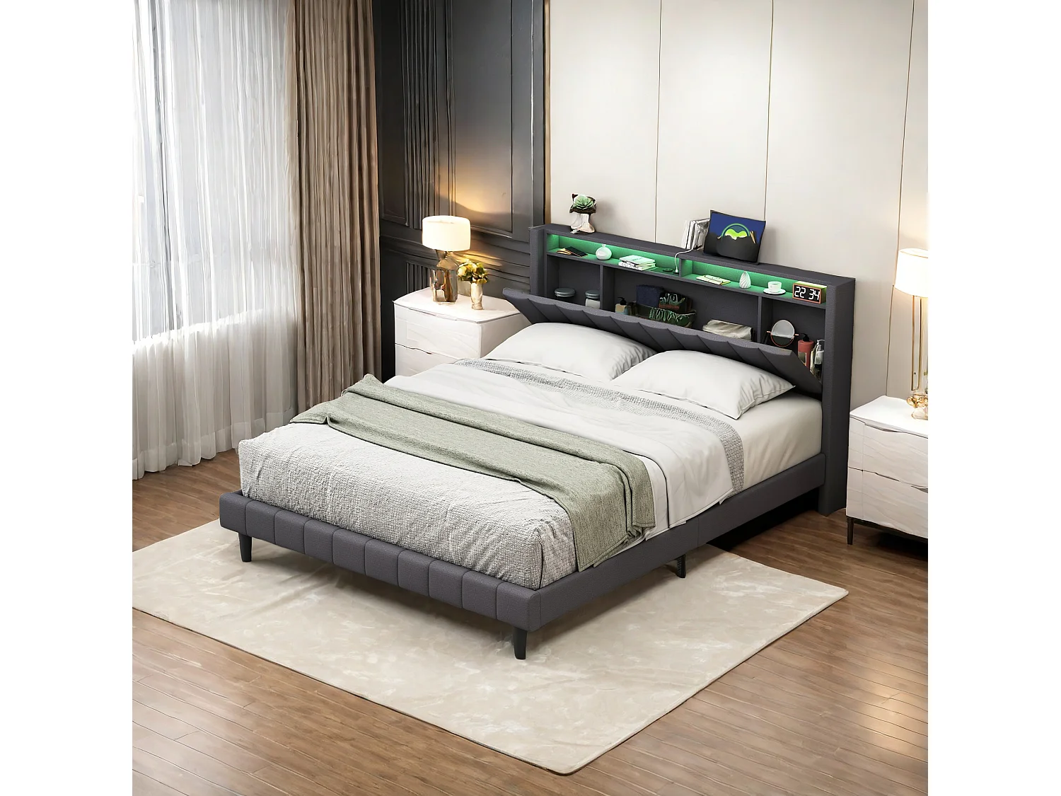 Lit  Rembourré, Lit 160x200cm, Cadre de Lit, Lit Coffre ,Lit Double avec Sommier  LED et USB, Tete de Lit avec Rangement, Lin, Gris  (sans Matelas)