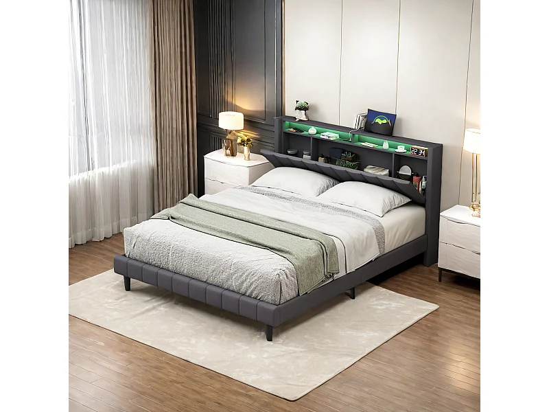 Lit  Rembourré, Lit 160x200cm, Cadre de Lit, Lit Coffre ,Lit Double avec Sommier  LED et USB, Tete de Lit avec Rangement, Lin, Gris  (sans Matelas)