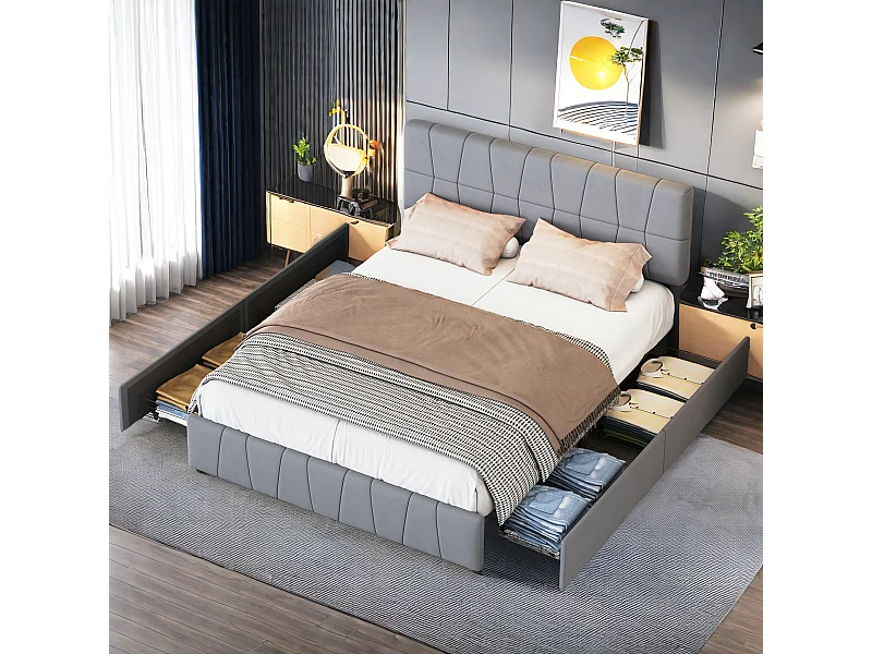 Lit Double Rembourré Lit 160x200cm, Cadre de Lit, Lit Coffre ,avec 4 Tiroirs, Velours, Gris   (sans Matelas)