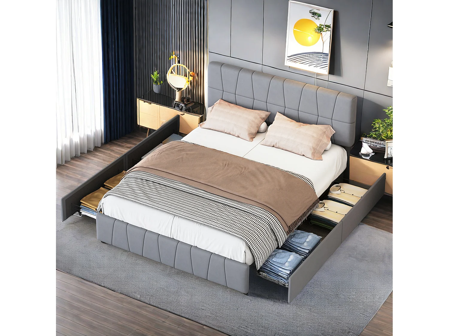 Lit Double Rembourré Lit 160x200cm, Cadre de Lit, Lit Coffre ,avec 4 Tiroirs, Velours, Gris   (sans Matelas)