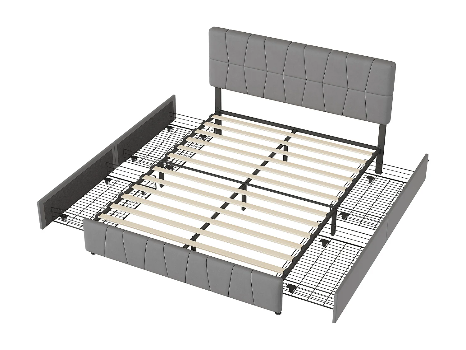 Lit Double Rembourré Lit 160x200cm, Cadre de Lit, Lit Coffre ,avec 4 Tiroirs, Velours, Gris   (sans Matelas)