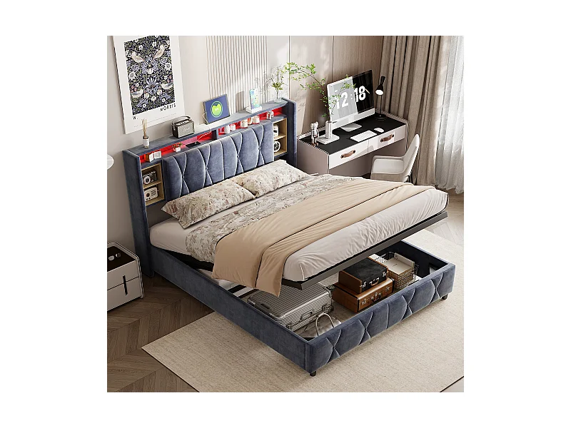 Lit Double Rembourré Lit 140x200cm, Cadre de Lit, Lit Coffre ,avec Sommier  LED et USB, avec Rangement sous Lit,  Velours, Gris  (sans Matelas)