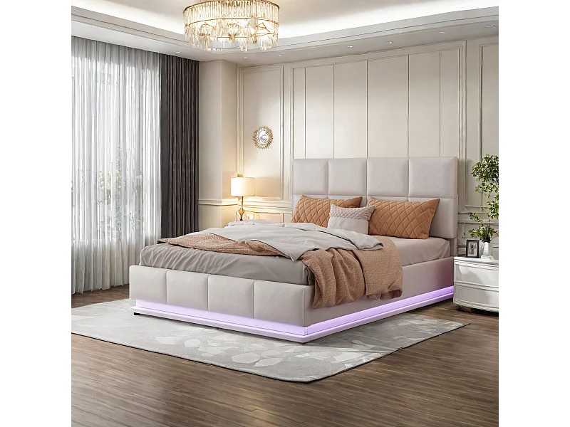 Lit Double Rembourré Lit 140x200cm, Cadre de Lit, Lit Coffre ,Lit Double avec LED, avec Rangement sous Lit,  PU, Blanc  (sans Matelas)