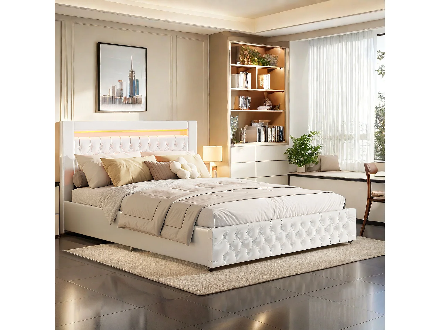 Lit Double, Rembourré Lit 140x200cm, Cadre de Lit, Lit Coffre ,Lit Double avec Rangement sous Lit, avec LED, Rangement, PU, Blanc(sans Matelas)