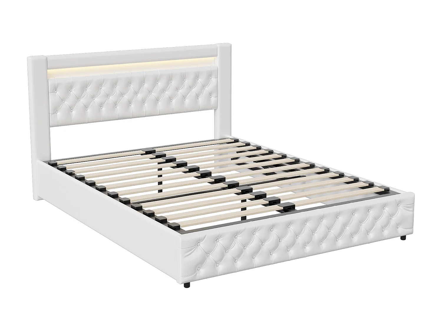 Lit Double, Rembourré Lit 140x200cm, Cadre de Lit, Lit Coffre ,Lit Double avec Rangement sous Lit, avec LED, Rangement, PU, Blanc(sans Matelas)
