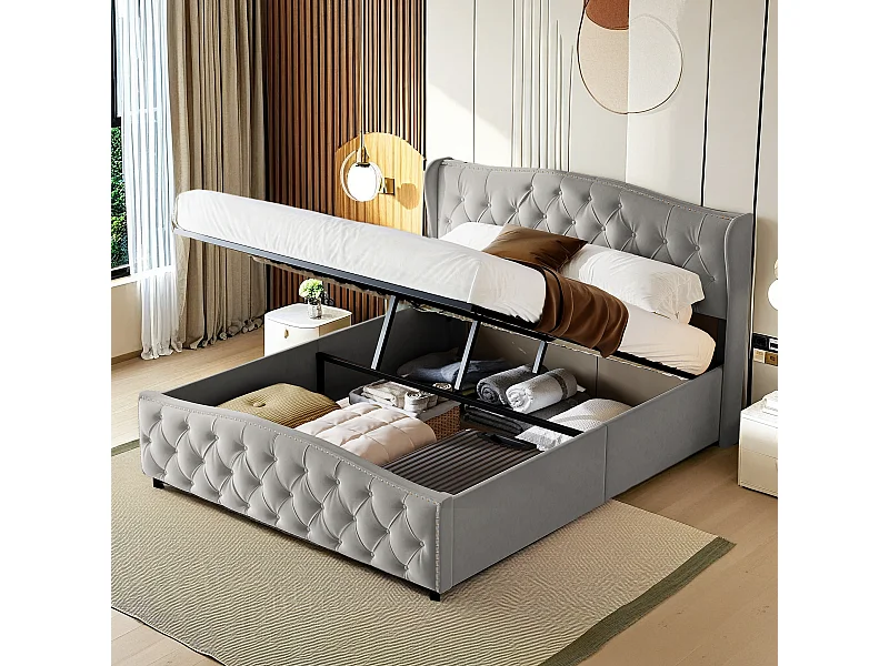 Lit Double Rembourré Lit 140x200cm, Cadre de Lit, Lit Coffre ,Lit Double avec Rangement sous Lit, Velours, Gris(sans Matelas)